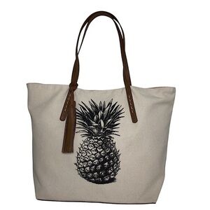 Sonoma Pineapple Natural Canvas Snap Closure Tassel Detail Hard Bottom Tote Bag,